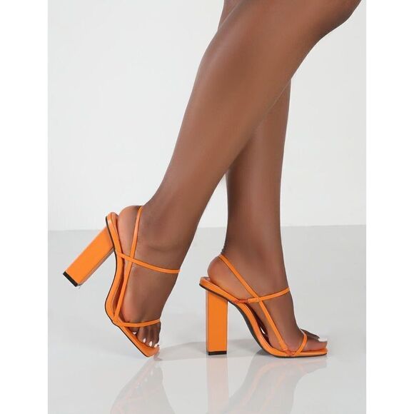 Public Desire Halley PU Strappy Block Heels Square Toe Glam Size 9 Orange - Picture 1 of 10